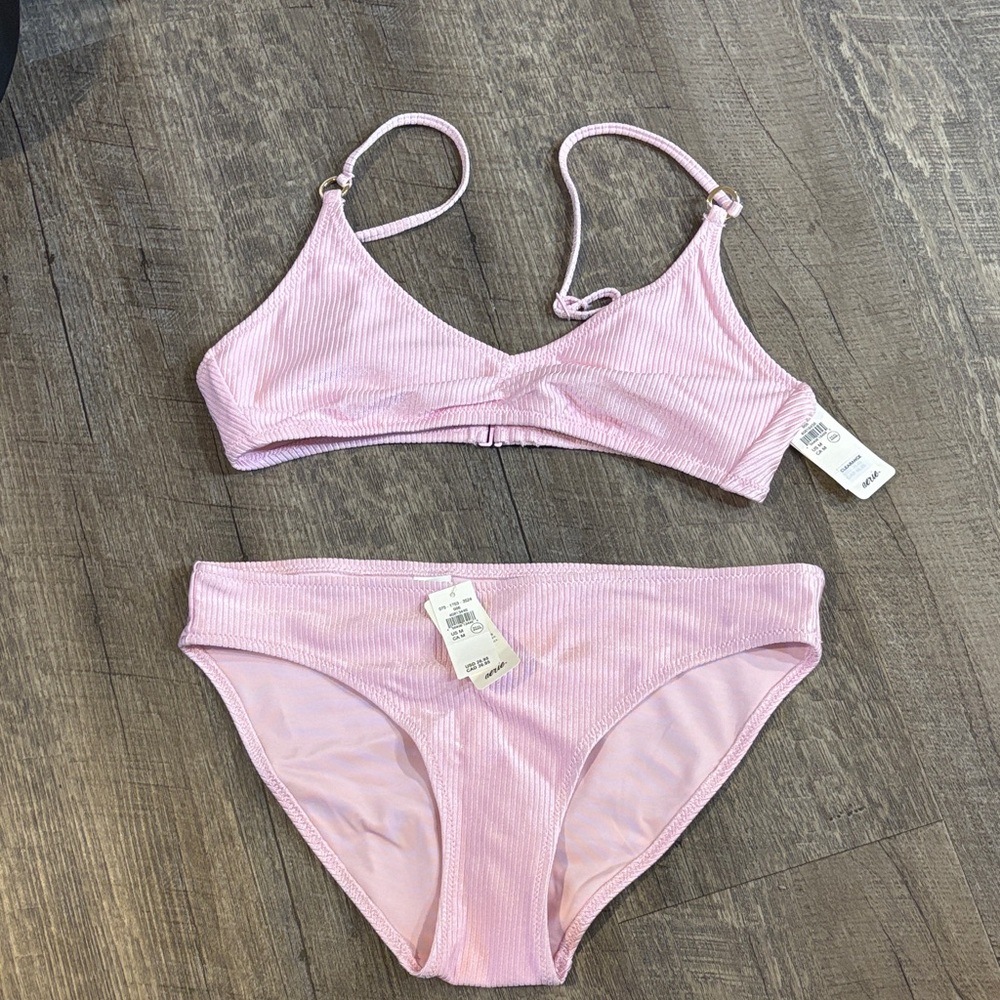 Aerie Pink Ribbed Bikini Set